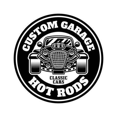 Illustration for Hot rod vector emblem, label, badge or print in monochrome style isolated on white - Royalty Free Image