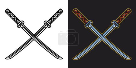Téléchargez les illustrations : Katana a croisé des épées vectorielles objet ou élément en deux styles noir sur blanc et coloré sur fond sombre - en licence libre de droit