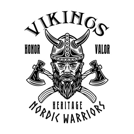 Illustration for Viking head and crossed axes vector emblem, label, badge or print in monochrome style isolated on white - Royalty Free Image