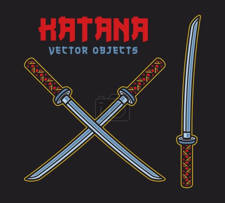 Katana-Schwertset von Vektorobjekten oder Elementen in farbenfrohem Stil auf dunklem Hintergrund