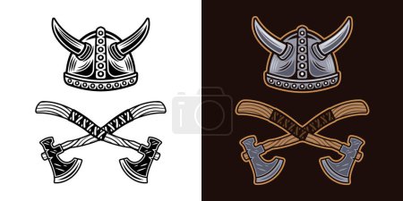 Illustration for Viking helmet and two crossed axes vector illustration in two styles black on white and colored on dark background - Royalty Free Image