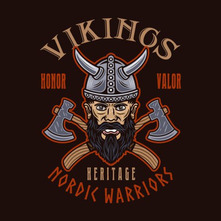 Viking head and crossed axes vector emblem, label, badge or print in colored style on dark background