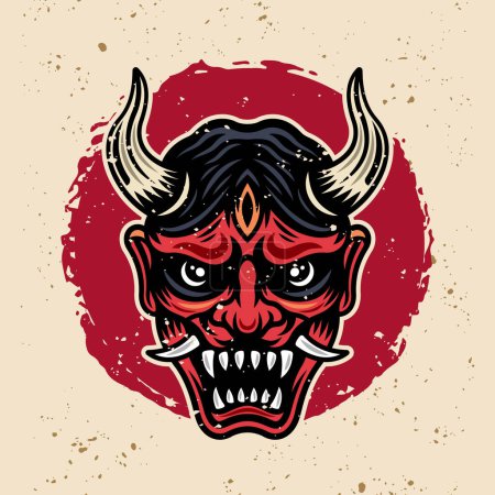 Illustration for Oni red mask vintage vector colorful illustration in retro style with grunge textures - Royalty Free Image