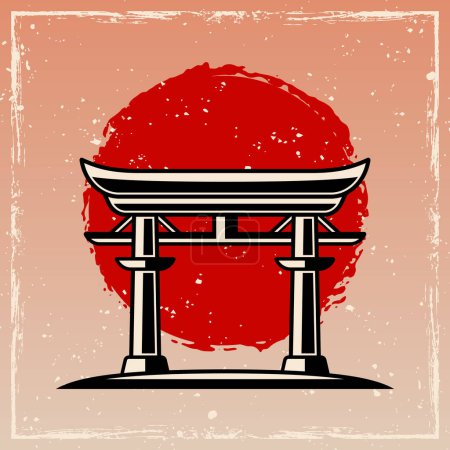 Téléchargez les illustrations : Porte torii japonais vintage vecteur illustration de couleur dans le style rétro avec des textures - en licence libre de droit