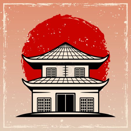 Téléchargez les illustrations : Maison traditionnelle japonaise vintage vecteur illustration colorée dans un style rétro avec des textures - en licence libre de droit