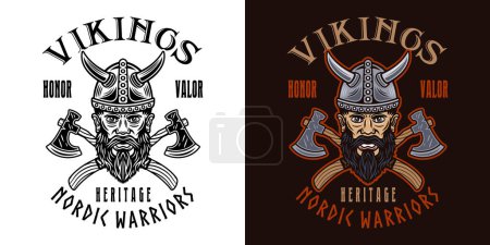 Illustration for Viking head and crossed axes vector emblem, label, badge or print in two styles colorful and black and white - Royalty Free Image