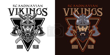 Illustration for Viking head and crossed axes vector emblem, label, badge or print in two styles colorful and black and white - Royalty Free Image