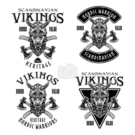 Ilustración de Cabeza vikinga y ejes cruzados conjunto de emblemas vectoriales, etiquetas, insignias o estampados en estilo monocromo aislados en blanco - Imagen libre de derechos