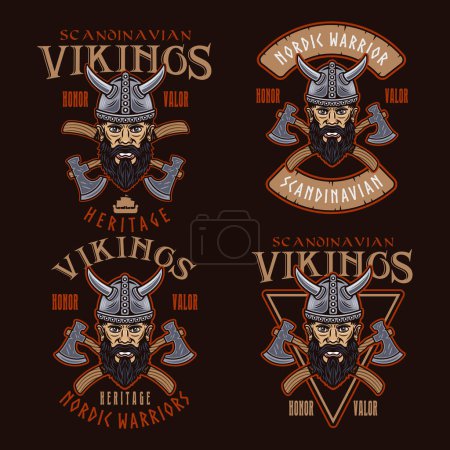 Téléchargez les illustrations : Tête viking et haches croisées ensemble d'emblèmes vectoriels, d'étiquettes, d'insignes ou d'imprimés de couleur sur fond sombre - en licence libre de droit