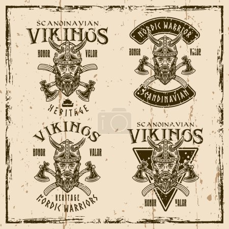 Ilustración de Cabeza vikinga y ejes cruzados conjunto de emblemas de vector vintage, etiquetas, insignias o estampados ilustración sobre fondo con texturas - Imagen libre de derechos