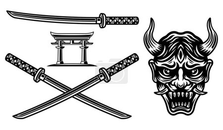 Téléchargez les illustrations : Ensemble samouraï d'objets vectoriels ou d'éléments de design isolés sur du blanc - en licence libre de droit