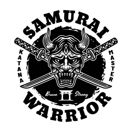 Téléchargez les illustrations : Samouraï vecteur monochrome emblème, insigne, étiquette isolé sur blanc - en licence libre de droit