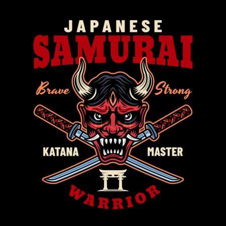 Emblème, insigne, étiquette de couleur vectorielle samouraï sur fond sombre illustration