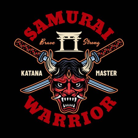 Illustration for Samurai vector colored emblem, badge, label on black background - Royalty Free Image