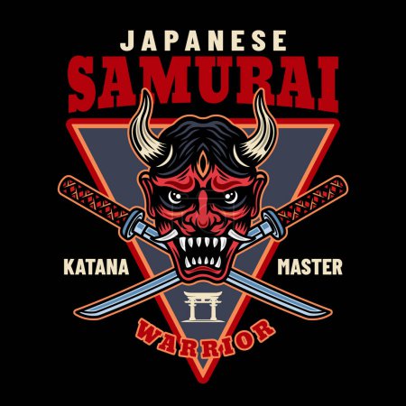 Illustration for Samurai vector colored emblem, badge, label on black background - Royalty Free Image
