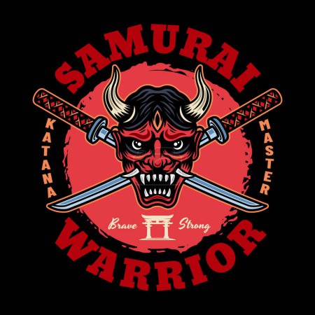 Téléchargez les illustrations : Emblème, insigne, étiquette de couleur vectorielle samouraï sur fond noir - en licence libre de droit