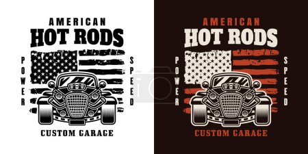 Illustration for Hot rod vector emblem, label, badge or print in two styles colored and black on white - Royalty Free Image
