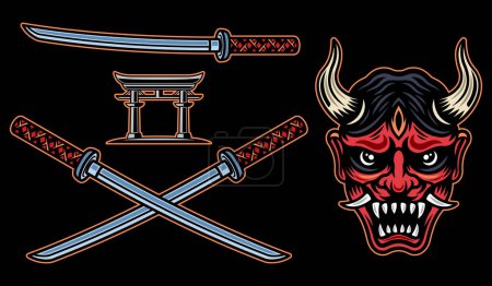 Samurai-Set von Vektorobjekten oder Designelementen in farbenfrohem Stil auf dunklem Hintergrund