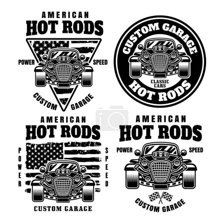 Illustration for Hot rod set of vector emblems, labels, badges or prints in monochrome style isolated on white - Royalty Free Image