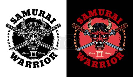Téléchargez les illustrations : Emblème vectoriel samouraï, badge, étiquette en deux styles noir sur fond blanc et coloré sur fond sombre - en licence libre de droit