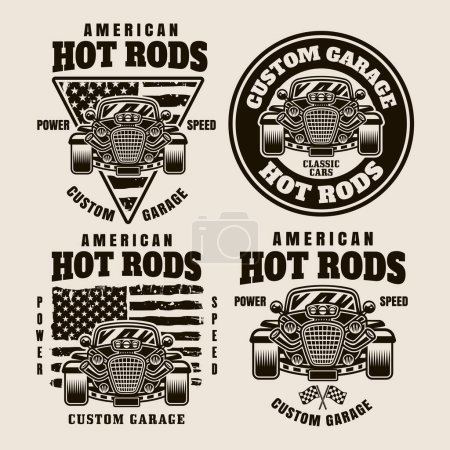 Illustration for Hot rod vector emblem, label, badge or print in monochrome style on light background - Royalty Free Image