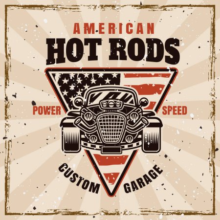 Illustration for Hot rod vector emblem, label, badge or print in vintage style on background with grunge textures - Royalty Free Image