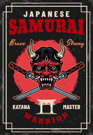Téléchargez les illustrations : Masque Samurai Oni et épées katana croisées affiche vectorielle illustration vintage dans un style coloré avec des textures grunge sur des couches séparées - en licence libre de droit