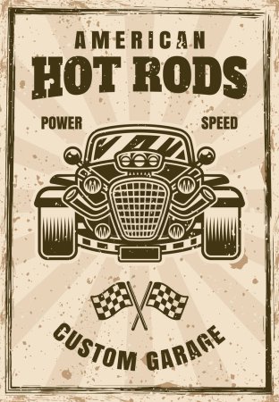 Ilustración de Ilustración de póster de vector de coche de varilla caliente en estilo vintage con texturas en capas separadas - Imagen libre de derechos