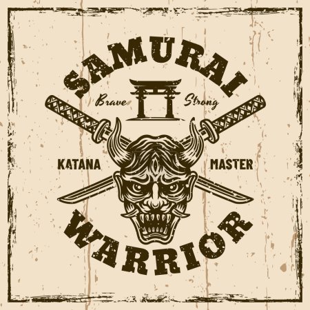 Samurai Vektor Vintage Emblem, Abzeichen, Etikett auf dem Hintergrund mit abnehmbaren Texturen