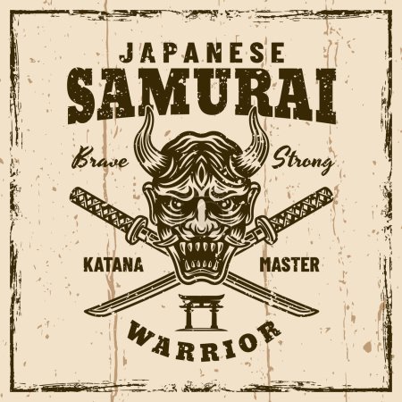 Illustration for Samurai vector vintage emblem, badge, label on background with removable textures - Royalty Free Image