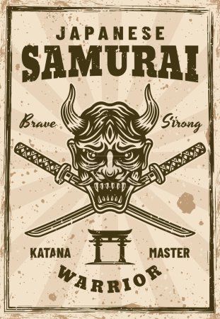 Téléchargez les illustrations : Masque Samurai Oni et épées katana croisées illustration vectorielle d'affiche dans un style vintage avec des textures sur des couches séparées - en licence libre de droit