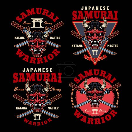 Téléchargez les illustrations : Ensemble de samouraïs d'emblèmes, badges, étiquettes de couleur vectorielle sur fond noir - en licence libre de droit