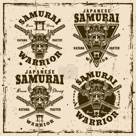 Téléchargez les illustrations : Samouraï vecteur vintage emblèmes, insignes, étiquettes sur fond avec des textures amovibles - en licence libre de droit