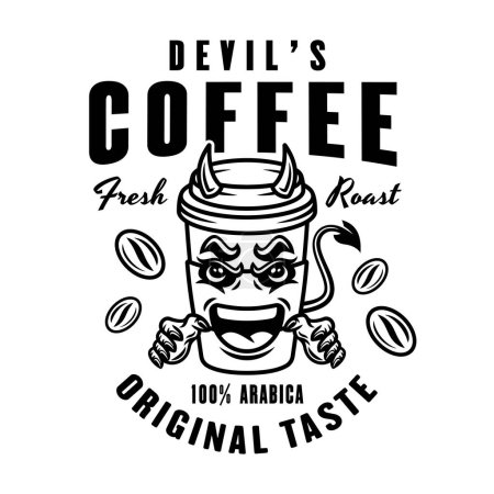 Illustration for Devil coffee paper cup mascot vector emblem, badge, label or print design in black style on white - Royalty Free Image