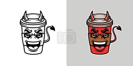 Ilustración de Diablo café papel taza de dibujos animados personaje vector ilustración en dos estilos negro sobre blanco y colorido - Imagen libre de derechos