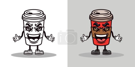 Coffee paper cup cartoon mascot character. Vector illustration in two styles black on white and colored