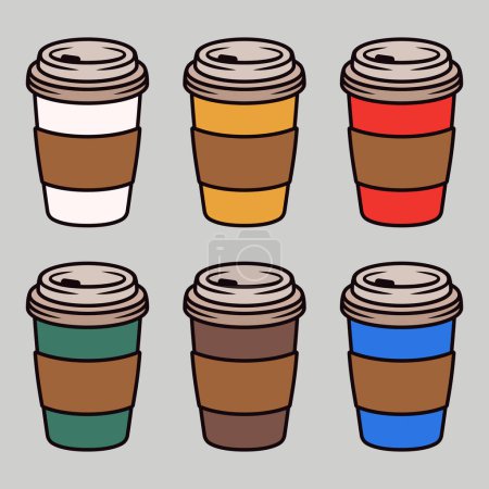 Ilustración de Set of different colors of coffee paper cup vector colored objects on grey background - Imagen libre de derechos