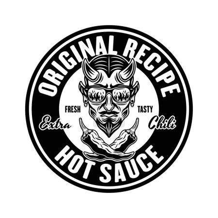 Ilustración de Emblema de vector de salsa picante, etiqueta, insignia con cabeza de diablo en estilo monocromo aislado en blanco - Imagen libre de derechos