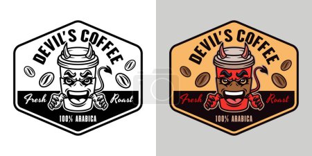 Illustration for Devil coffee paper cup mascot vector emblem, badge, label or print design in two styles, black on white and colored - Royalty Free Image