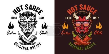 Illustration for Hot sauce vector emblem, label, badge with devil head illustration in two styles black on white and colored - Royalty Free Image