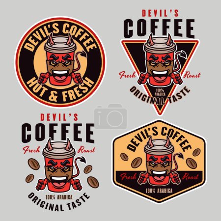 Téléchargez les illustrations : Mascotte de tasse de café diable ensemble d'emblèmes vectoriels, d'insignes, d'étiquettes ou d'imprimés design dans un style coloré sur fond gris - en licence libre de droit