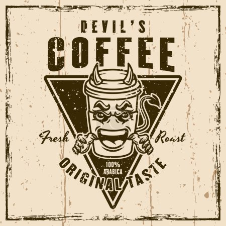 Ilustración de Diablo taza de papel de café emblema vector mascota, insignia, etiqueta o impresión. Ilustración sobre fondo con texturas y marco - Imagen libre de derechos