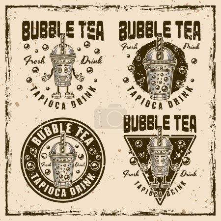 Illustration for Bubble tea cup set of vector vintage emblems, labels, badges on background with removable textures on separate layers - Royalty Free Image