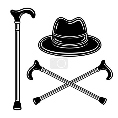 Illustration for Fedora hat and crossed canes vector Illustration in black and white style isolated on white - Royalty Free Image