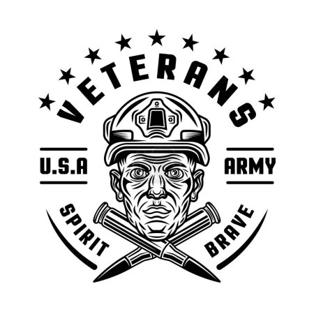 Ilustración de Emblema vectorial de veteranos americanos con cabeza de soldado y dos balas cruzadas en estilo negro monocromo aisladas en blanco - Imagen libre de derechos