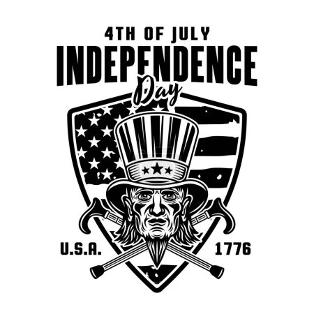 Téléchargez les illustrations : Jour de l'indépendance des États-Unis emblème vectoriel avec la tête de l'oncle Sam dans le style noir monochrome isolé sur blanc - en licence libre de droit