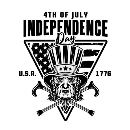 Ilustración de Día de la independencia de EE.UU. emblema vectorial con el tío Sam cabeza en el estilo negro monocromo aislado en blanco - Imagen libre de derechos