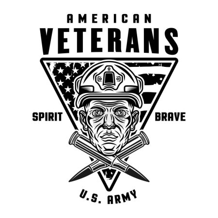 Téléchargez les illustrations : Vétérans américains emblème vectoriel avec tête de soldat et deux balles croisées de style noir monochrome isolé sur blanc - en licence libre de droit