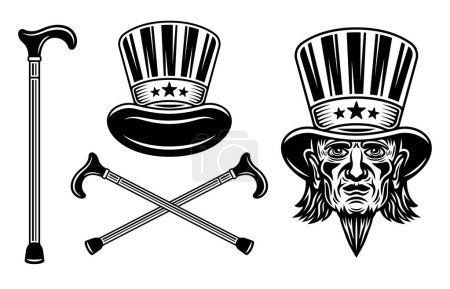 Ilustración de Cabeza americana del tío Sam en sombrero de cilindro y otros atributos conjunto de objetos vectoriales. Ilustración en negro monocromo sobre blanco - Imagen libre de derechos