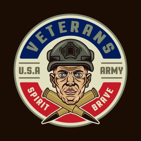 Téléchargez les illustrations : Vétérans américains emblème vectoriel avec tête de soldat et deux balles croisées dans le style de couleur sur fond sombre - en licence libre de droit